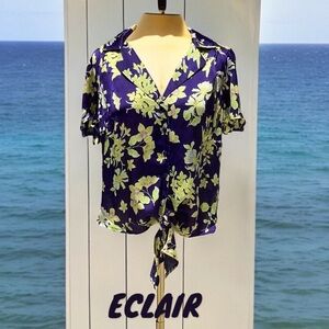 ECLAIR NWT WOMENS TOP BLOUSE SMALL SHORT SLEEVES YELLOW ROYAL BLUE TIE FRONT